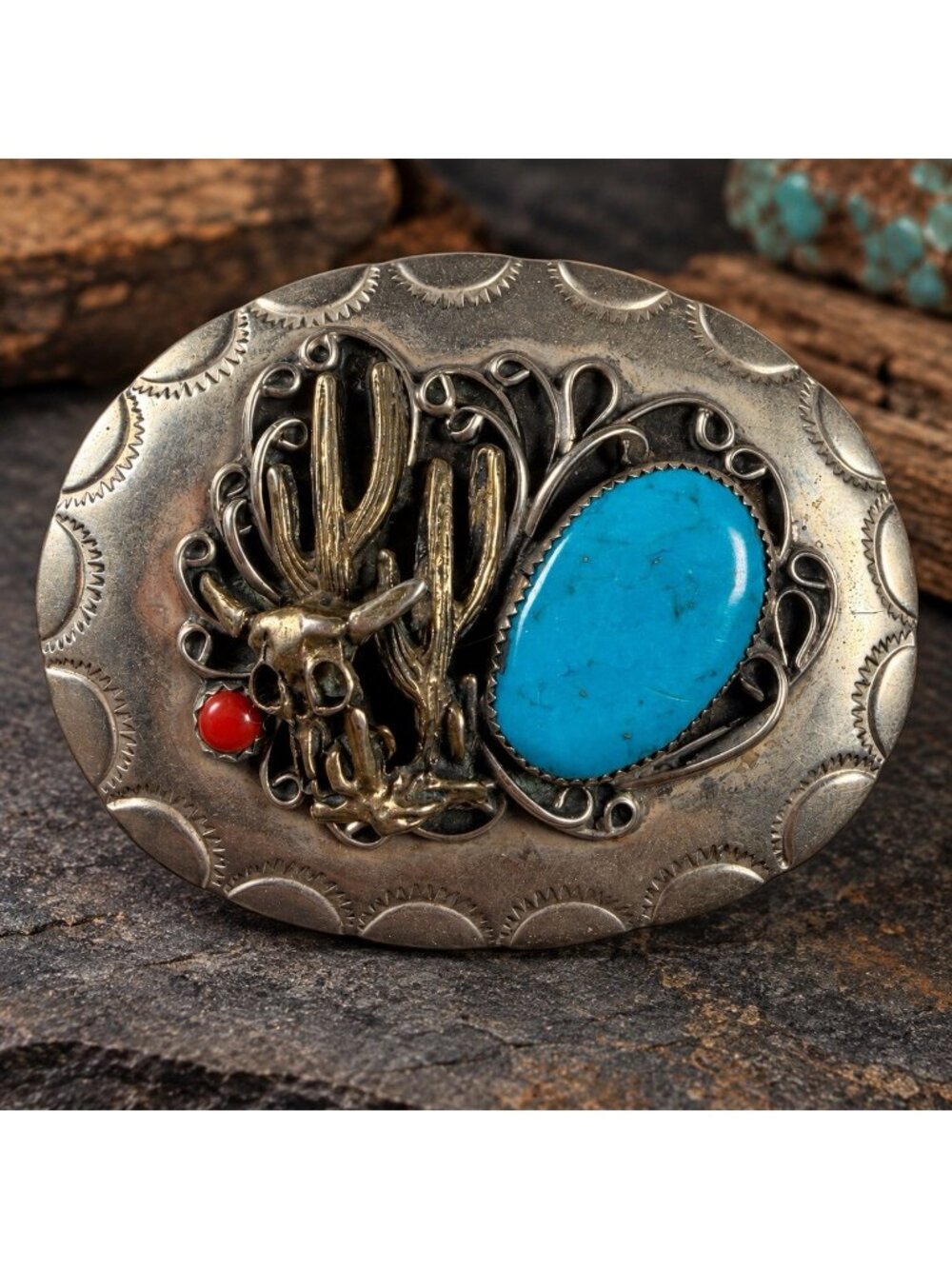 Ferron Joseyesva Attributed Sterling Turquoise Coral Belt Buckle Frog Hallmark